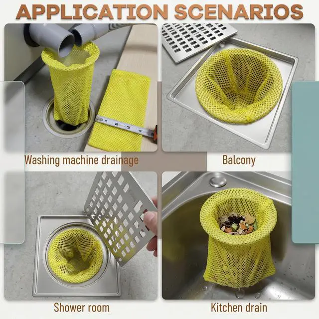 Alt view image 6 of 7 - Disposable Mesh Strainers for Floor Drains Yellow Mesh Drain Sock Strainer with 3.64 Inch Metal Ring on Top for Commercial Kitchens, Restaurants & Facilities Prevent Clogs & Odors