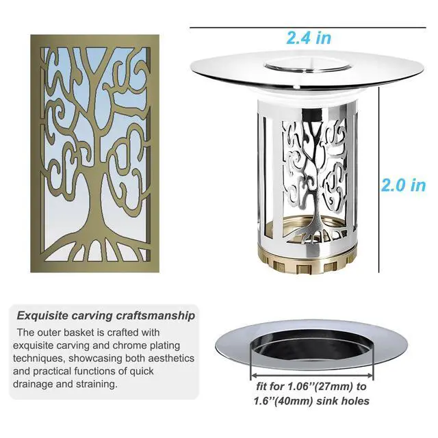 Alt view image 3 of 6 - Bathroom Sink Drain Stopper, Bathroom Sink Drain Strainer with Pop Up and Removable Hair Catcher Basket, Universal for 1.06 to 1.6in Sink Drain, Chrome Silver