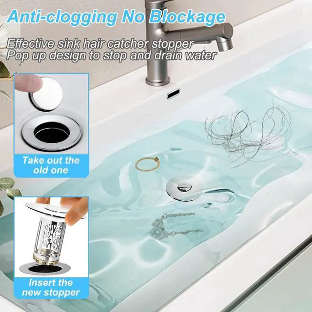 Alt view image 4 of 6 - Bathroom Sink Drain Stopper, Bathroom Sink Drain Strainer with Pop Up and Removable Hair Catcher Basket, Universal for 1.06 to 1.6in Sink Drain, Chrome Silver