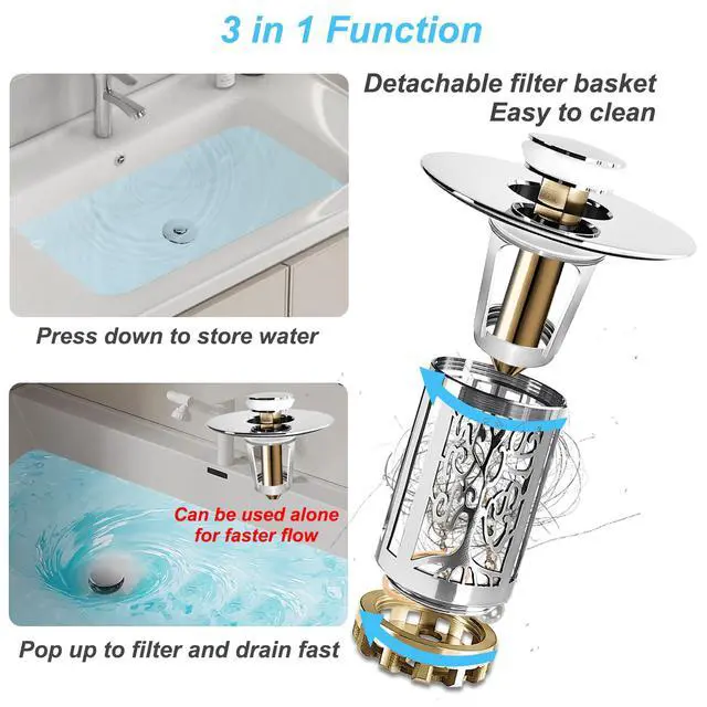 Alt view image 5 of 6 - Bathroom Sink Drain Stopper, Bathroom Sink Drain Strainer with Pop Up and Removable Hair Catcher Basket, Universal for 1.06 to 1.6in Sink Drain, Chrome Silver