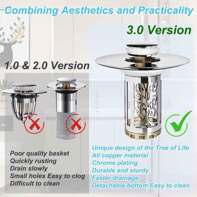 Alt view image 2 of 6 - Bathroom Sink Drain Stopper, Bathroom Sink Drain Strainer with Pop Up and Removable Hair Catcher Basket, Universal for 1.06 to 1.6in Sink Drain, Chrome Silver