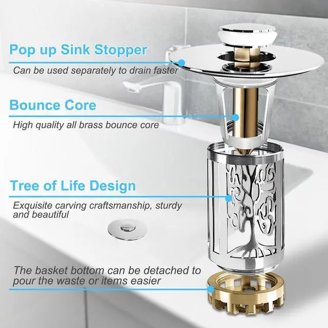 Alt view image 6 of 6 - Bathroom Sink Drain Stopper, Bathroom Sink Drain Strainer with Pop Up and Removable Hair Catcher Basket, Universal for 1.06 to 1.6in Sink Drain, Chrome Silver