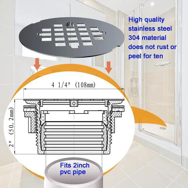 Alt view image 3 of 7 - 2" No-Caulk Snap-in Round Floor Shower Drain for Shower Pan with 4-1/4" Stainless Steel Round Grid Cover