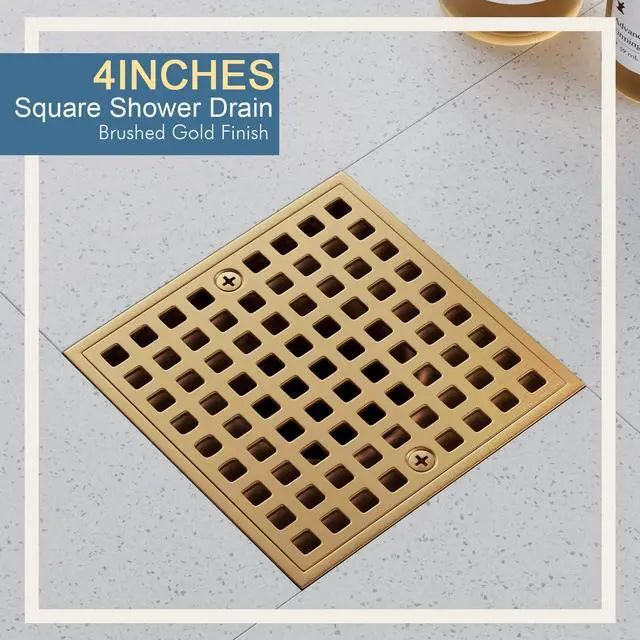 Alt view image 2 of 7 - 4 Inch Champagne Bronze Shower Drain- Square Shower Floor Drain Kit with ABS Flange-Removable Grid Strainer Cover - SUS304 Stainless Steel Floor Drain Kit