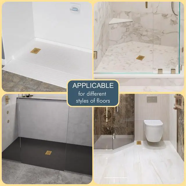 Alt view image 3 of 7 - 4 Inch Champagne Bronze Shower Drain- Square Shower Floor Drain Kit with ABS Flange-Removable Grid Strainer Cover - SUS304 Stainless Steel Floor Drain Kit