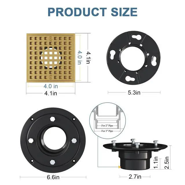 Alt view image 4 of 7 - 4 Inch Champagne Bronze Shower Drain- Square Shower Floor Drain Kit with ABS Flange-Removable Grid Strainer Cover - SUS304 Stainless Steel Floor Drain Kit