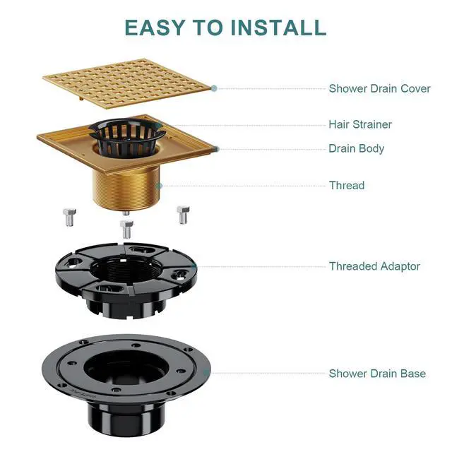 Alt view image 5 of 7 - 4 Inch Champagne Bronze Shower Drain- Square Shower Floor Drain Kit with ABS Flange-Removable Grid Strainer Cover - SUS304 Stainless Steel Floor Drain Kit