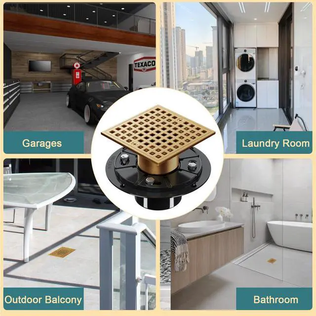 Alt view image 6 of 7 - 4 Inch Champagne Bronze Shower Drain- Square Shower Floor Drain Kit with ABS Flange-Removable Grid Strainer Cover - SUS304 Stainless Steel Floor Drain Kit