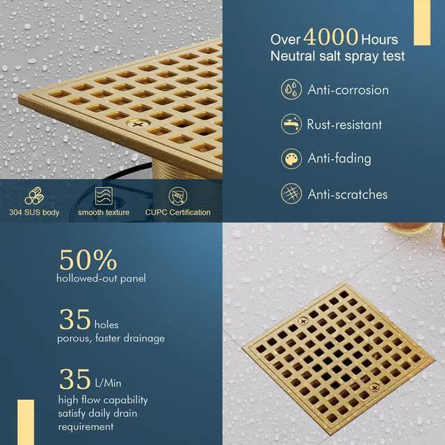 Alt view image 7 of 7 - 4 Inch Champagne Bronze Shower Drain- Square Shower Floor Drain Kit with ABS Flange-Removable Grid Strainer Cover - SUS304 Stainless Steel Floor Drain Kit