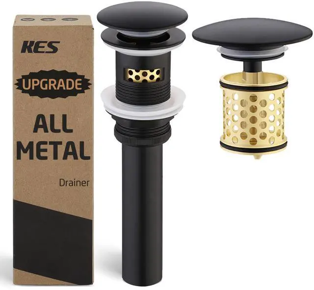 Main image of Bathroom Sink Drain with Overflow, All Metal Pop Up Drain for Bathroom Sink Stopper with Brass Strainer Basket Hair Catcher Anti Clog Rustproof 18/8 Stainless Steel Matte Black, S2018A-BK