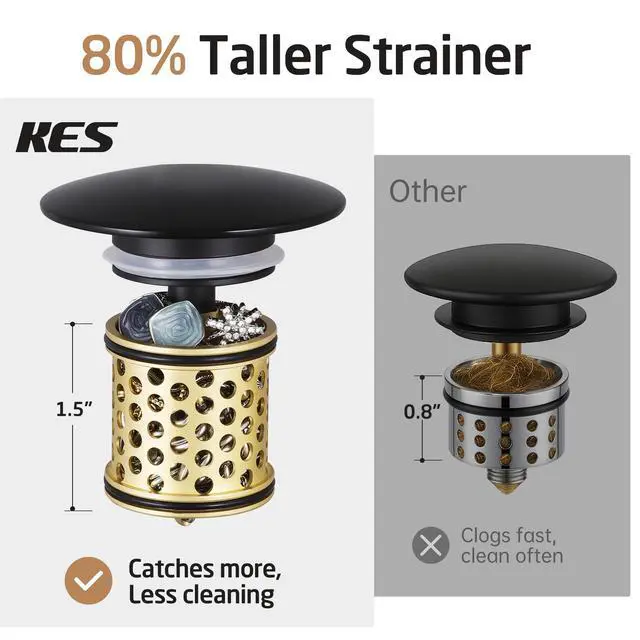 Alt view image 3 of 7 - Bathroom Sink Drain with Overflow, All Metal Pop Up Drain for Bathroom Sink Stopper with Brass Strainer Basket Hair Catcher Anti Clog Rustproof 18/8 Stainless Steel Matte Black, S2018A-BK