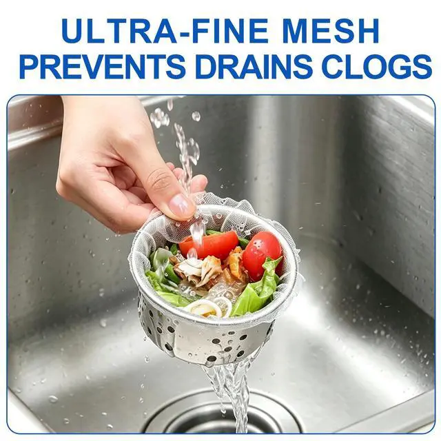 Alt view image 3 of 6 - 300 Pack Disposable Sink Strainer Mesh Bags, Ultra-Fine Elastic Drain Filter Net, Anti-Clog Food Catcher for Kitchen Sink, Leftovers & Hair Debris, Universal Fit Most Sink Strainers
