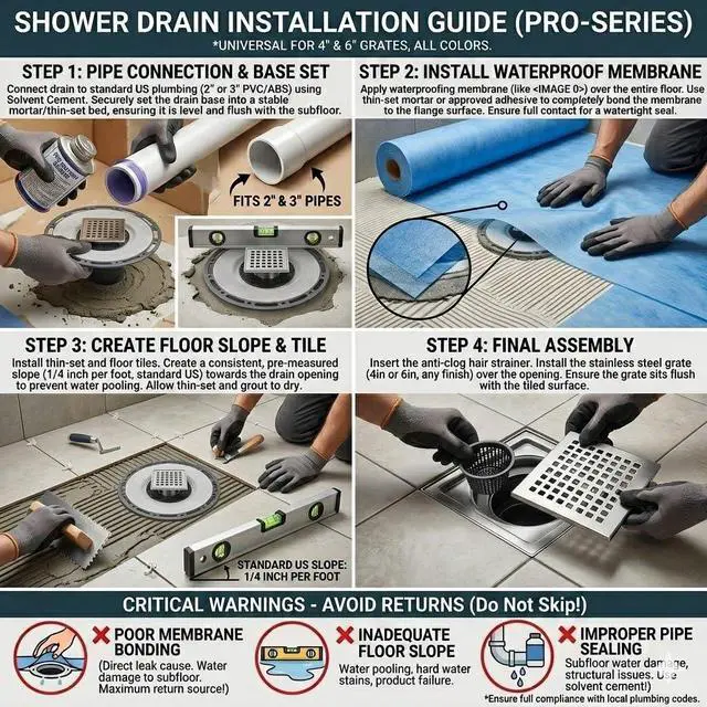 Alt view image 2 of 7 - Inch Square Shower Drain Kit with Bonding Flange, Polished Gold