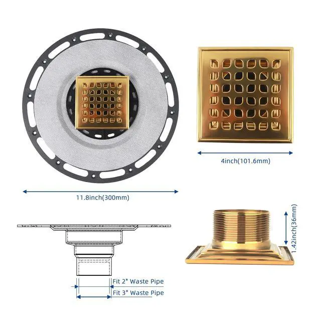 Alt view image 3 of 7 - Inch Square Shower Drain Kit with Bonding Flange, Polished Gold
