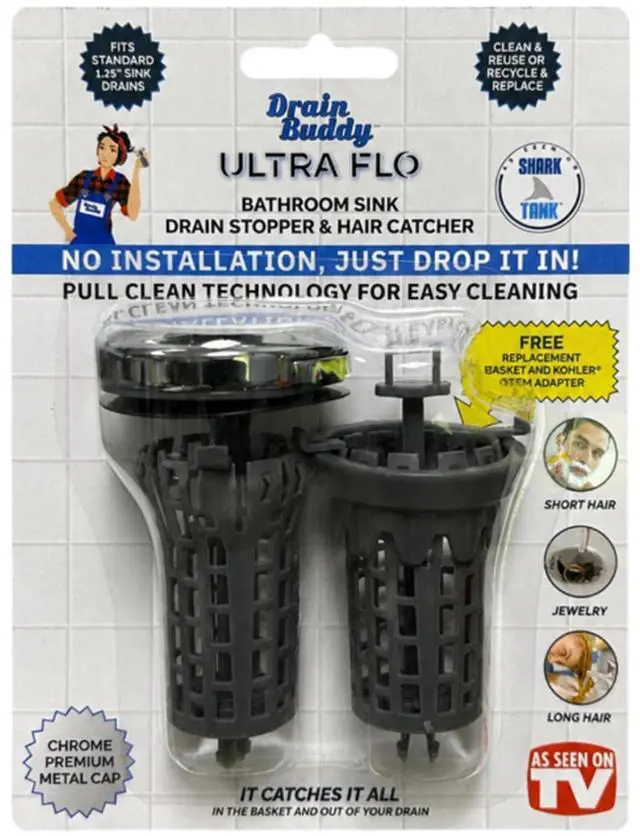 Main image of 2 in 1 Bathroom Sink Stopper & Hair Catcher W/Patented Pull Clean Technology! | Fits 1.25 Sink Drains, Clog Preventing | Chrome Metal Cap / 1 Replacement Basket