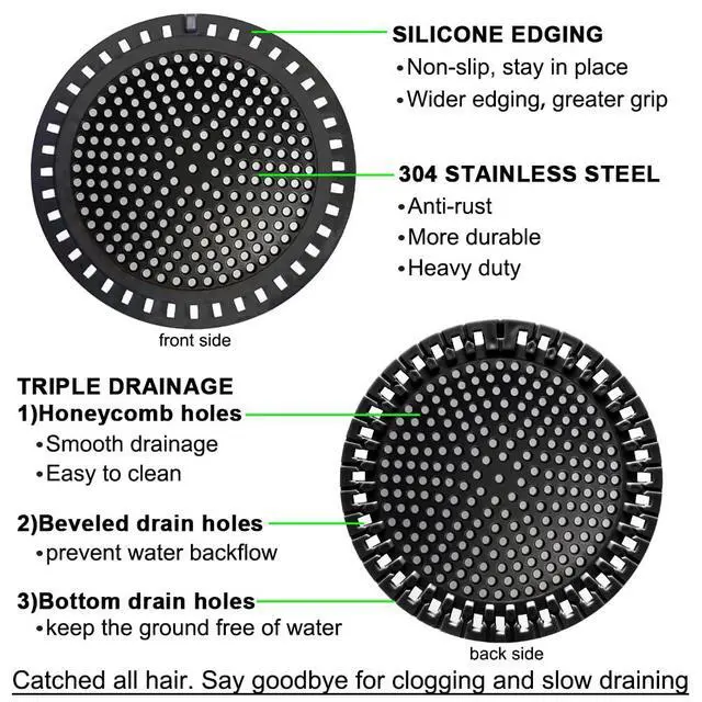 Alt view image 5 of 7 - Shower Hair Drain Catcher/Strainer/Cover/Filter/Trap, Hair Stopper Floor Drain, Stainless Steel with Silicone Edge Drain Protector, Black, 4.75 Inch Diameter
