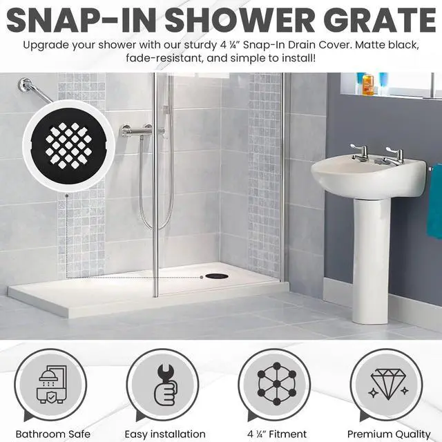 Main image of 4 ¼ Matte Black Snap-in Shower Drain Cover - Premium Round Black Grate Replacement - 4.25" OD Strainer - Easy Install - Durable Solid Brass Construction