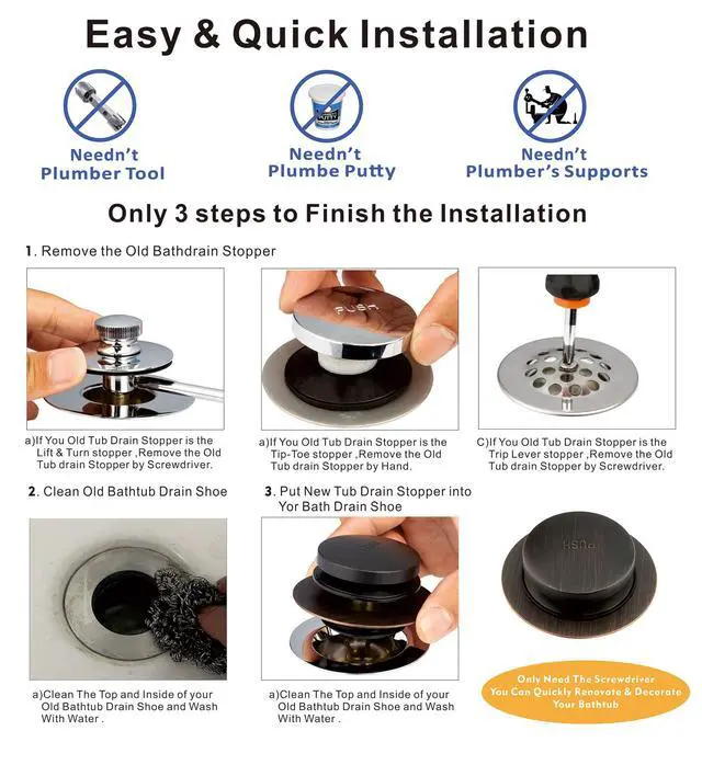 Alt view image 7 of 7 - Universal Tip Toe Bath Drain Stopper and Cover, Bathtub Drain Stopper, Replaces Lift and Turn, Tip-Toe and Trip Lever drains for Tub, EZ Installation and Clearing (Oil Rubbed Bronze)