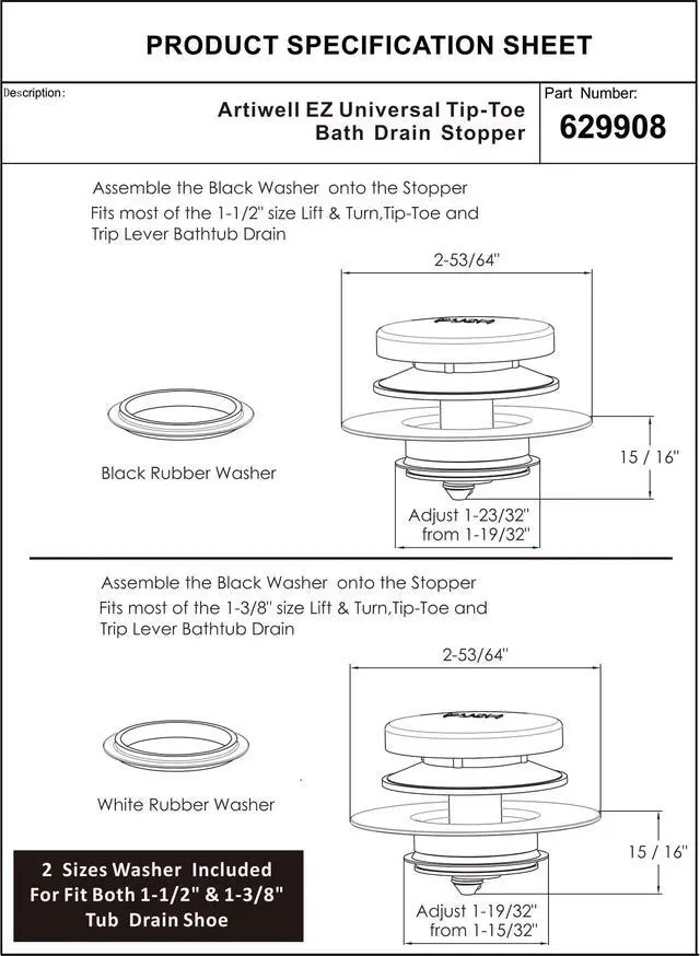 Alt view image 6 of 7 - Universal Tip Toe Bath Drain Stopper and Cover, Bathtub Drain Stopper, Replaces Lift and Turn, Tip-Toe and Trip Lever drains for Tub, EZ Installation and Clearing (Oil Rubbed Bronze)