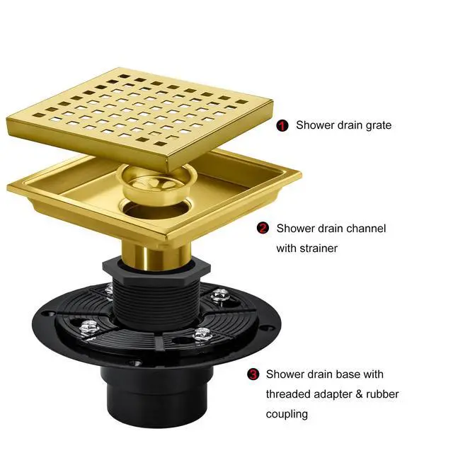 Alt view image 2 of 4 - Shower Drain 6 inch Brushed Gold with Flange -Grid Panel