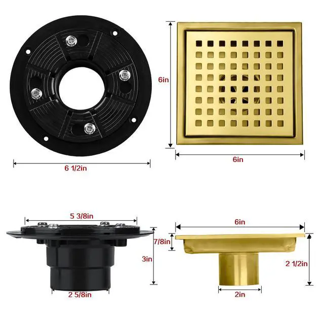 Alt view image 3 of 4 - Shower Drain 6 inch Brushed Gold with Flange -Grid Panel