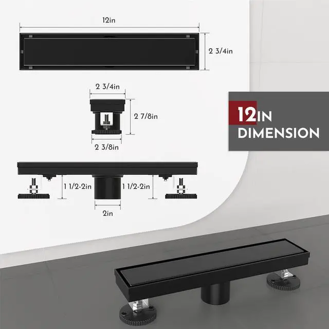 Main image of Inch Linear Shower Drain Rectangular Floor Drain with Accessories Reversible 2-in-1 Cover Tile Insert Grate Removable SUS304 Stainless Steel CUPC Certified Matte Black