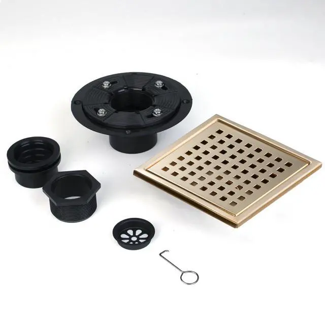 Alt view image 4 of 4 - Shower Drain 6 inch Brushed Gold with Flange -Grid Panel