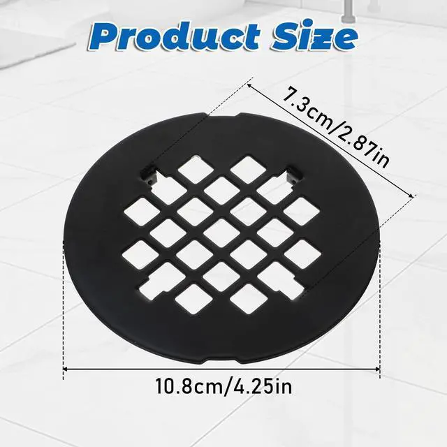 Main image of Shower Drain Cover, 4-1/4 Od Black Snap-in Shower Drain Strainer Round Showers Drains Showers Strainer Grid Easy-to-Install Bath Drains Cover Stainless Steel Replacement Floor Covers