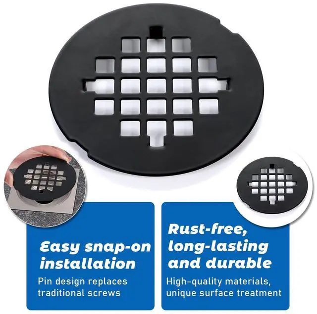Alt view image 2 of 6 - Shower Drain Cover, 4-1/4 Od Black Snap-in Shower Drain Strainer Round Showers Drains Showers Strainer Grid Easy-to-Install Bath Drains Cover Stainless Steel Replacement Floor Covers