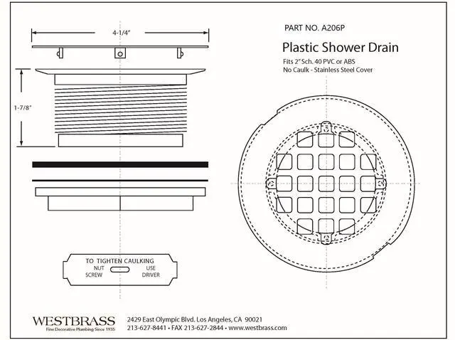 Alt view image 2 of 7 - 2" No-Caulk PVC Compression Shower Drain with 4-1/4" Round Grid Cover, Matte Black