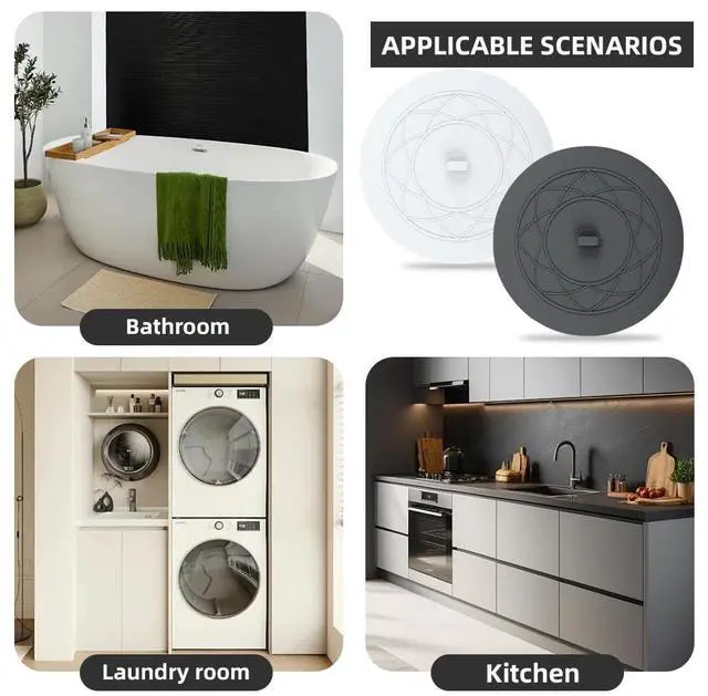 Alt view image 7 of 7 - Tub Stopper 2PCS,Bathtub Drain Stopper,6 inches Bathtub Tub Drain Cover Stopper,Silicone Drain Plug,Kitchen Bathroom Hair Water Shower Stopper,Large Bathroom Laundry Accessories (Grey/White)