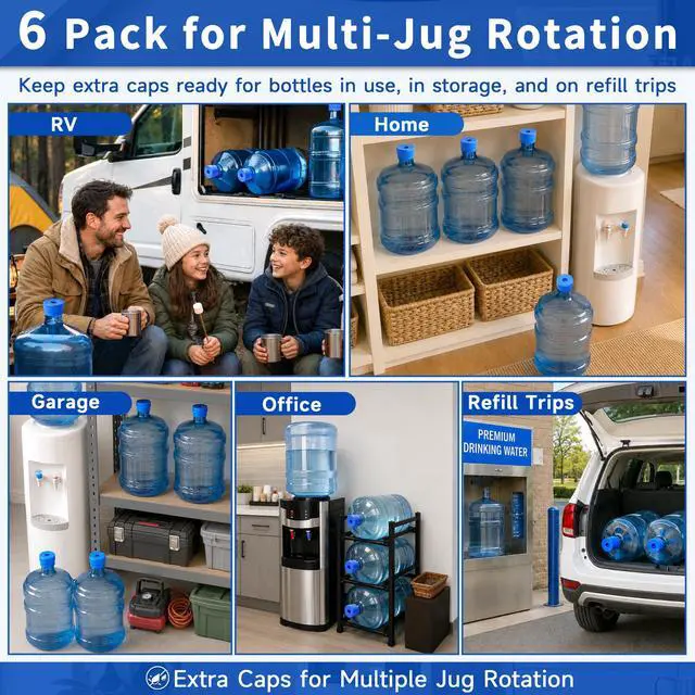 Alt view image 2 of 7 - 3 & 5 Gallon Water Jug Caps, 6 Pack, Fits 55mm Openings