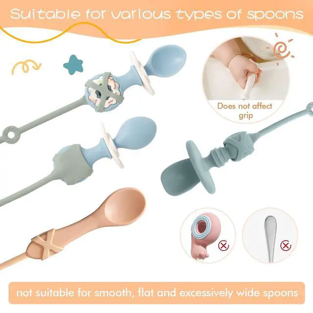 Alt view image 4 of 6 - Toddler UtensilsSilicone Stretch Lids for fork and spoon,Holder Strap Food Grade Silicone Keep Fork and Spoon Off The Floor Great for Baby and Kids Dishwasher Safe Apricot and Orange)