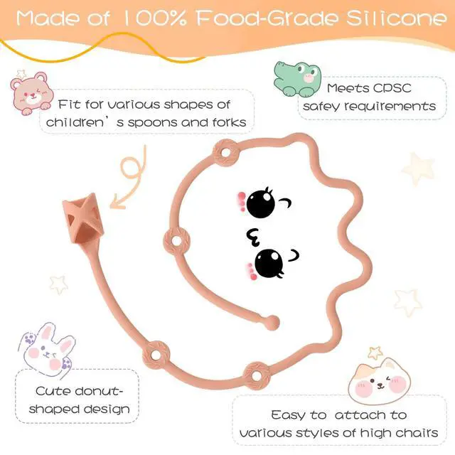 Alt view image 2 of 6 - Toddler UtensilsSilicone Stretch Lids for fork and spoon,Holder Strap Food Grade Silicone Keep Fork and Spoon Off The Floor Great for Baby and Kids Dishwasher Safe Apricot and Orange)
