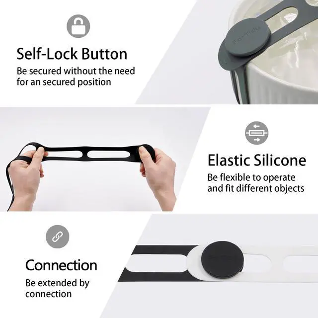 Alt view image 6 of 7 - Silicone Latch Strap for Slow Cooker Lid, Pot, Bento Box, Patented Design Reusable Elastic Self-Lock Silicone Tie for securing cookwares or Organizing Cords, Mats, 21.65 in, 2pcs (Black&White)