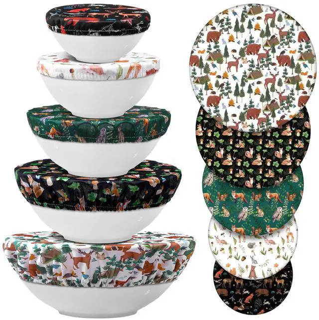 Main image of Bowl Covers Reusable in 5 Size Stretch Cloth Fabric Elastic Food Storage Bowl Covers Bread Sourdough Lids for Proofing Food Fruits Leftover(Black, White, Brown, Green,Animal Style)