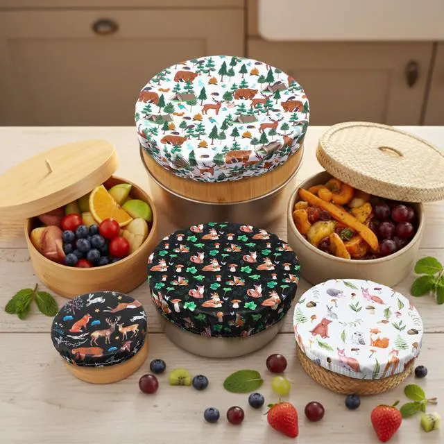 Alt view image 2 of 6 - Bowl Covers Reusable in 5 Size Stretch Cloth Fabric Elastic Food Storage Bowl Covers Bread Sourdough Lids for Proofing Food Fruits Leftover(Black, White, Brown, Green,Animal Style)