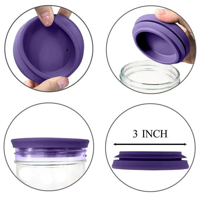 Alt view image 7 of 7 - Regular Mouth Mason Jar Lids - Upgrade Canning Lids Fit for All Regular Mouth Mason Jars,Food Grade Silicone Mason Jar Caps,Dishwasher Safe,Leak Proof Reusable Lids,3 Pack (Violet-3 Pack)
