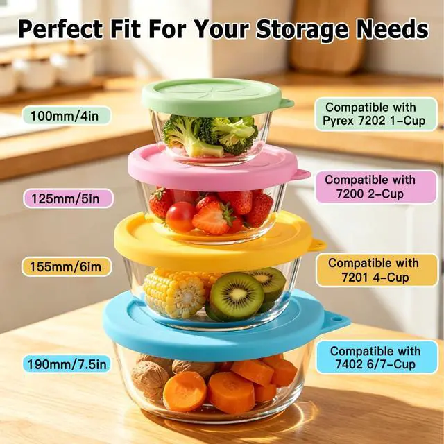 Alt view image 2 of 7 - 8 Pack Silicone Replacement Lids for Pyrex Food Storage Containers, 2x 7202-PC 1 Cup, 2x 7200-PC 2 Cup, 2x 7201-PC 4 Cup, 2x 7402-PC 6/7 Cup, BPA-Free 4 Size