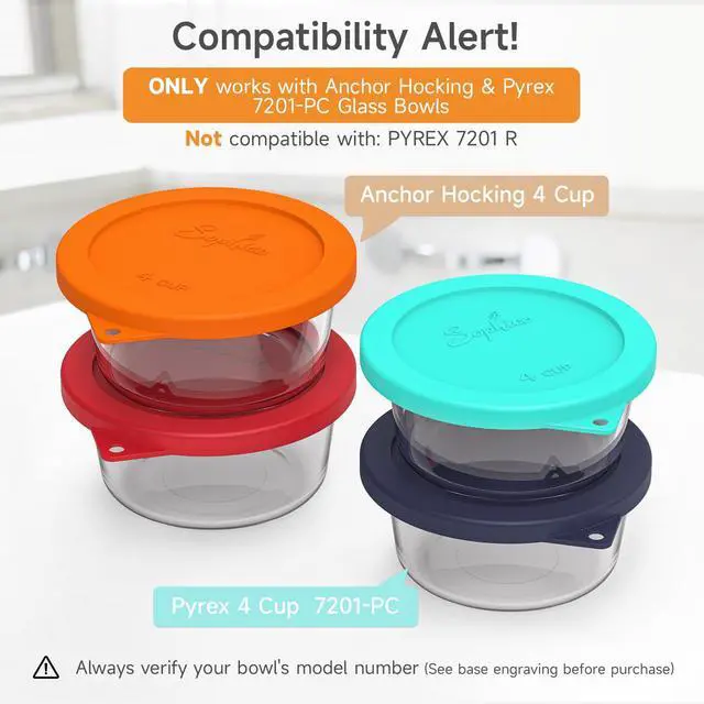 Alt view image 2 of 7 - Cup Round Silicone Storage Cover Lids Replacement for Anchor Hocking and Pyrex 7201-PC Glass Bowls (Container not Included) (Mix) 4 Pack