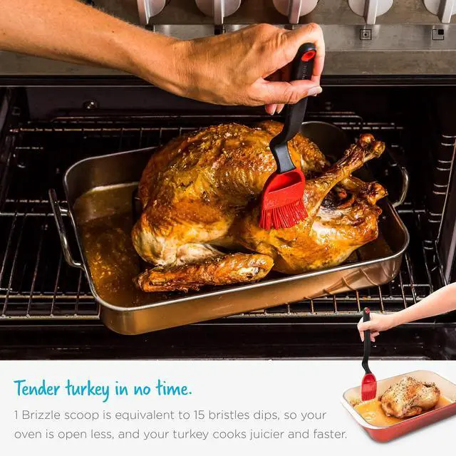 Alt view image 7 of 7 - 3-In-1 Flexible Silicone Sit-Up Basting, Drizzle, Scooping Brush with In-Built Sauce Resevoir - Red