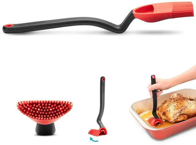 Main image of 3-In-1 Flexible Silicone Sit-Up Basting, Drizzle, Scooping Brush with In-Built Sauce Resevoir - Red