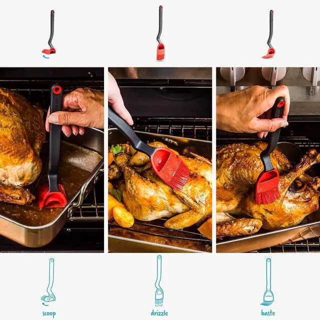 Alt view image 2 of 7 - 3-In-1 Flexible Silicone Sit-Up Basting, Drizzle, Scooping Brush with In-Built Sauce Resevoir - Red