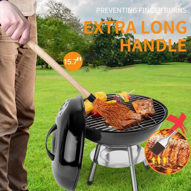 Alt view image 2 of 7 - BBQ Mop Brush and Cast Iron Sauce Pot Set, 11-in-1 Value Pack includes 2Pcs Wooden Long Handle, 6 Brush Heads, 1 Cast iron BBQ Pan and 2 Silicone Brushes for Grilling all Types of Ingredients