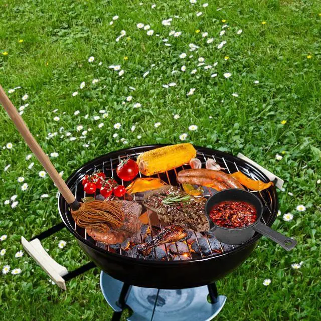 Alt view image 7 of 7 - BBQ Mop Brush and Cast Iron Sauce Pot Set, 11-in-1 Value Pack includes 2Pcs Wooden Long Handle, 6 Brush Heads, 1 Cast iron BBQ Pan and 2 Silicone Brushes for Grilling all Types of Ingredients