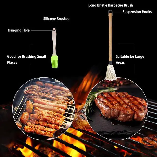 Alt view image 4 of 7 - BBQ Mop Brush and Cast Iron Sauce Pot Set, 11-in-1 Value Pack includes 2Pcs Wooden Long Handle, 6 Brush Heads, 1 Cast iron BBQ Pan and 2 Silicone Brushes for Grilling all Types of Ingredients