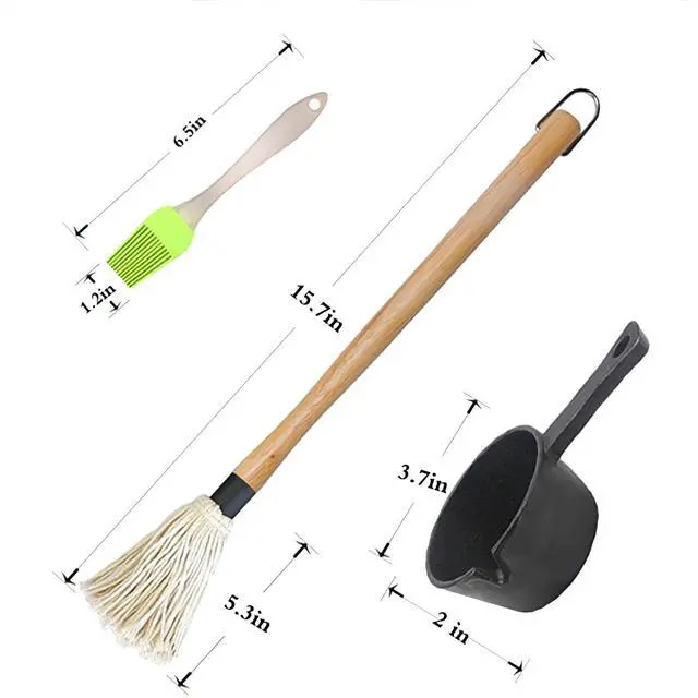 Alt view image 6 of 7 - BBQ Mop Brush and Cast Iron Sauce Pot Set, 11-in-1 Value Pack includes 2Pcs Wooden Long Handle, 6 Brush Heads, 1 Cast iron BBQ Pan and 2 Silicone Brushes for Grilling all Types of Ingredients