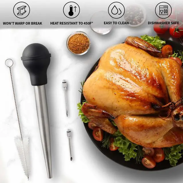 Alt view image 2 of 7 - Stainless Steel Turkey Baster for Cooking - Food Grade Metal Baster Syringe & Silicone Suction Bulb - Large Size With 2 Detachable Needles and Cleaning Brush