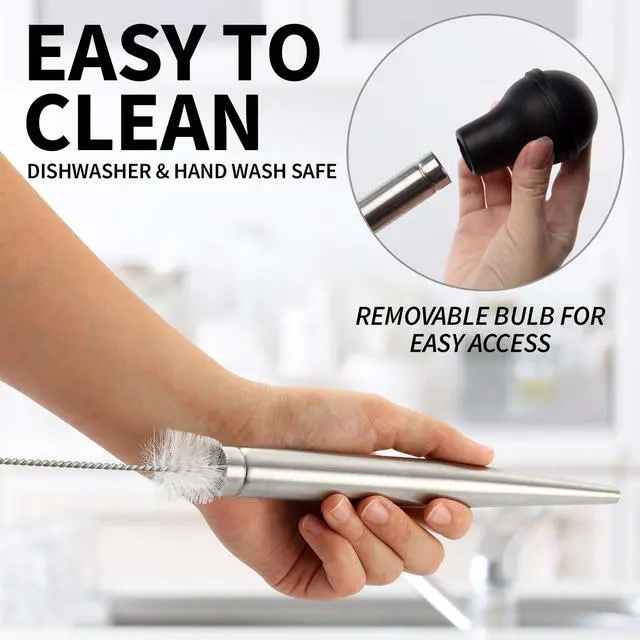 Alt view image 5 of 7 - Stainless Steel Turkey Baster for Cooking - Food Grade Metal Baster Syringe & Silicone Suction Bulb - Large Size With 2 Detachable Needles and Cleaning Brush