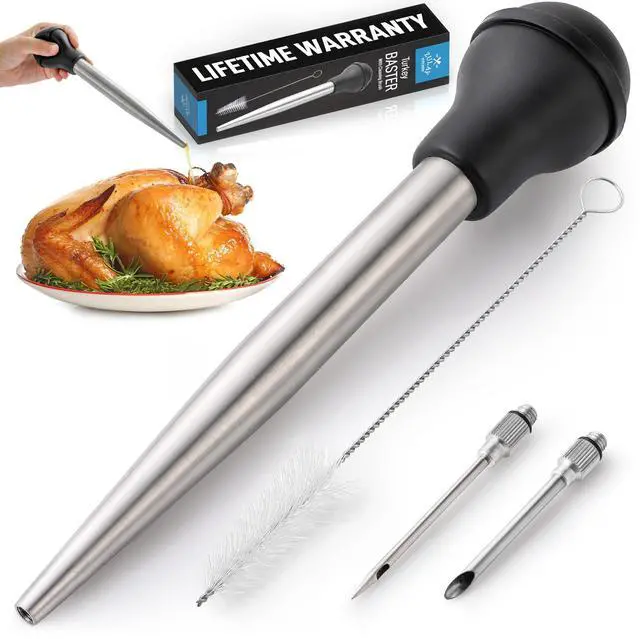 Main image of Stainless Steel Turkey Baster for Cooking - Food Grade Metal Baster Syringe & Silicone Suction Bulb - Large Size With 2 Detachable Needles and Cleaning Brush